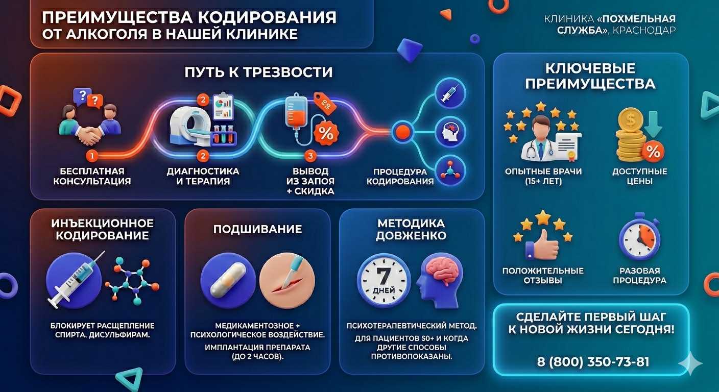 Инфографика о методах кодирования от алкоголя в Лучегорске: инъекции, подшивание, метод Довженко. Преимущества клиники и этапы лечения.